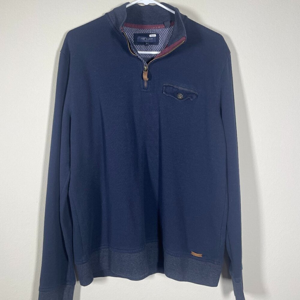 Ted Baker London Men's Sweater Pullover 1/4 Zip Navy Size 5 Large Cotton!